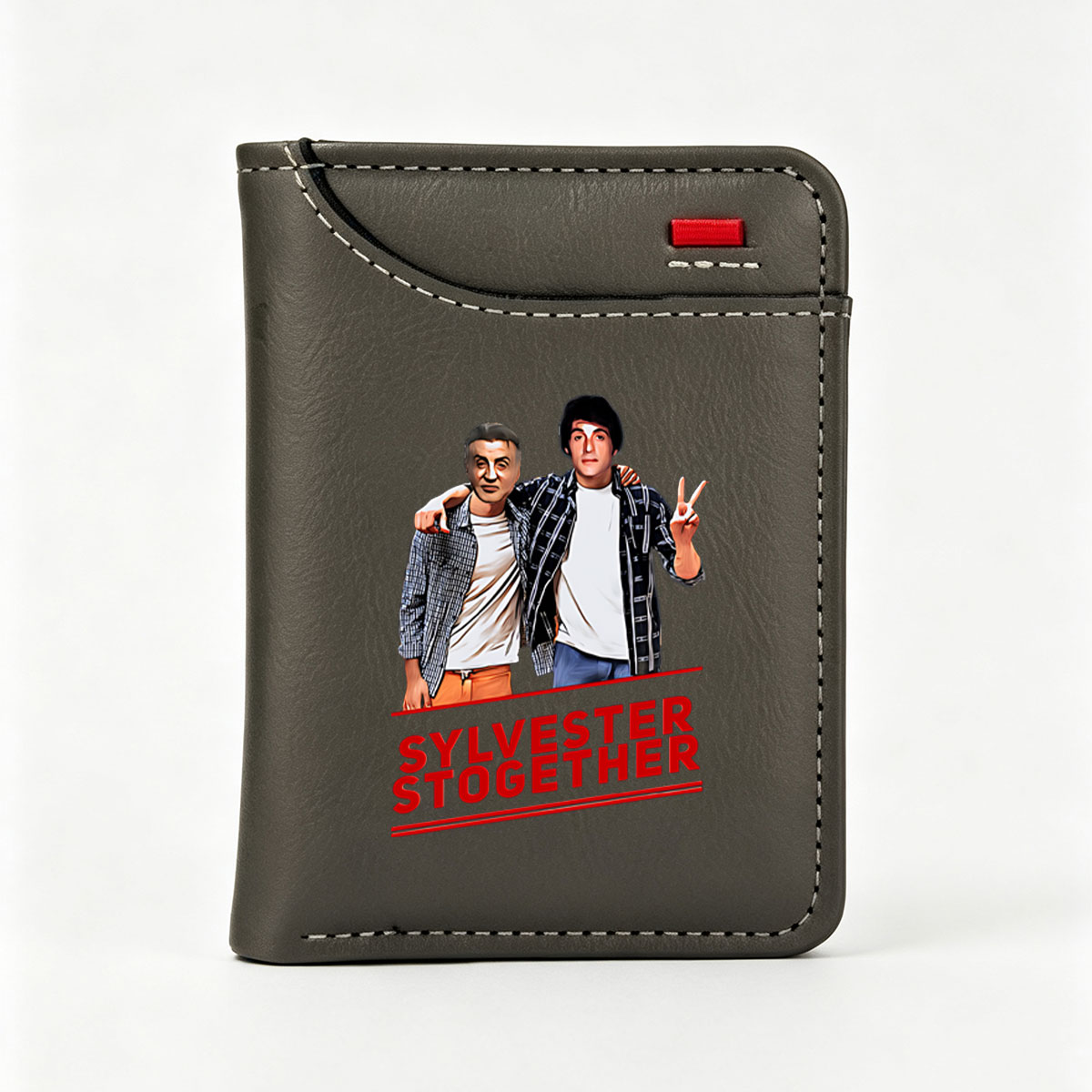 Sylvester Stogether: Two Men in Plaid Jackets and White Shirts, One Making Peace Sign - Vertical Style Wallet