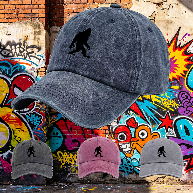 Men's Printed Washed Cap with Bigfoot Silhouette Design - Casual Round Brim Summer Lightweight Hat for Outdoor Adventures, Hiking, Camping, and Everyday Wear - Ideal for Men Who Love Nature and Wildlife Themes