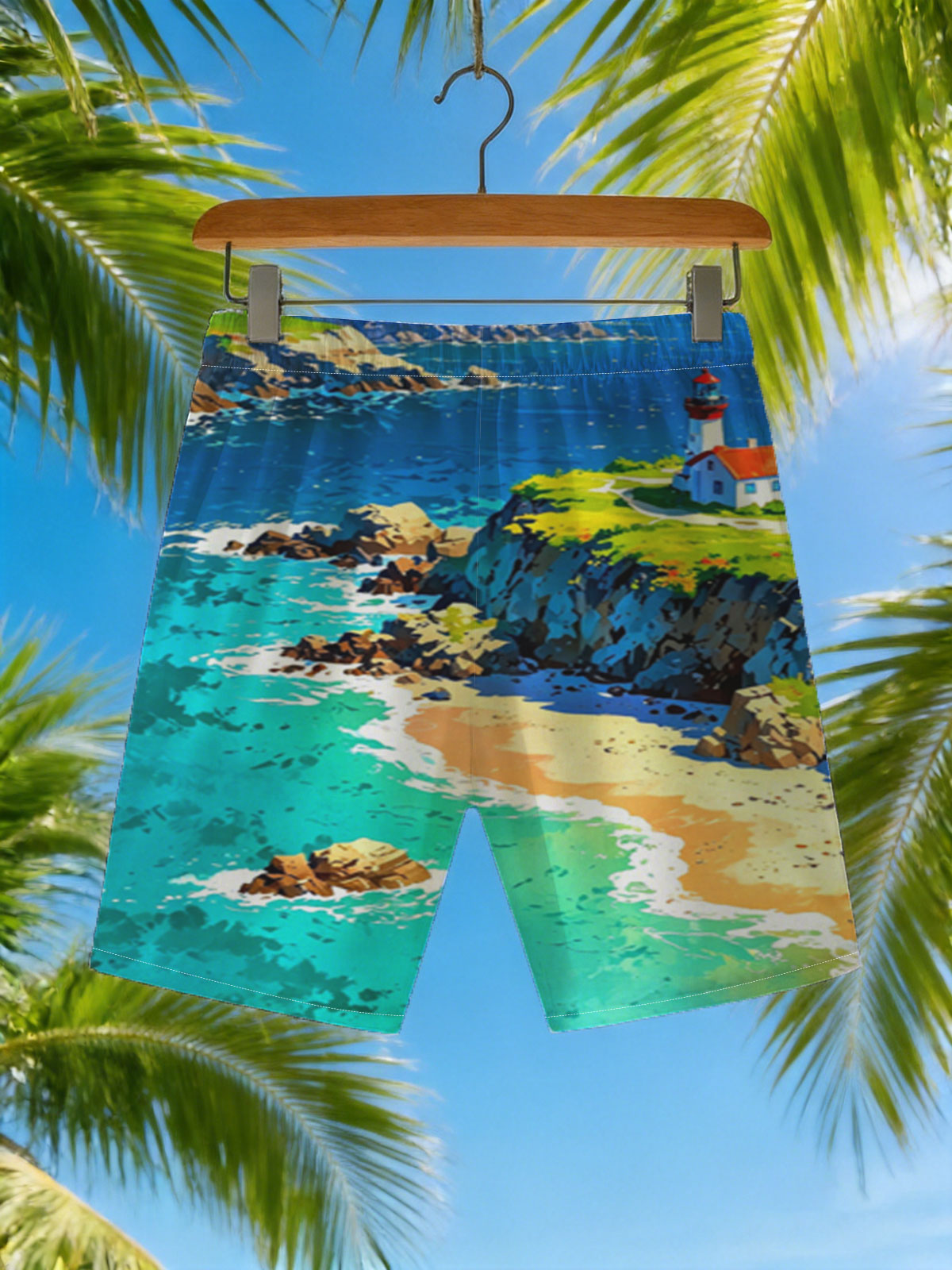 Coastal Lighthouse and Turquoise Bay with Boats -  Beach shorts