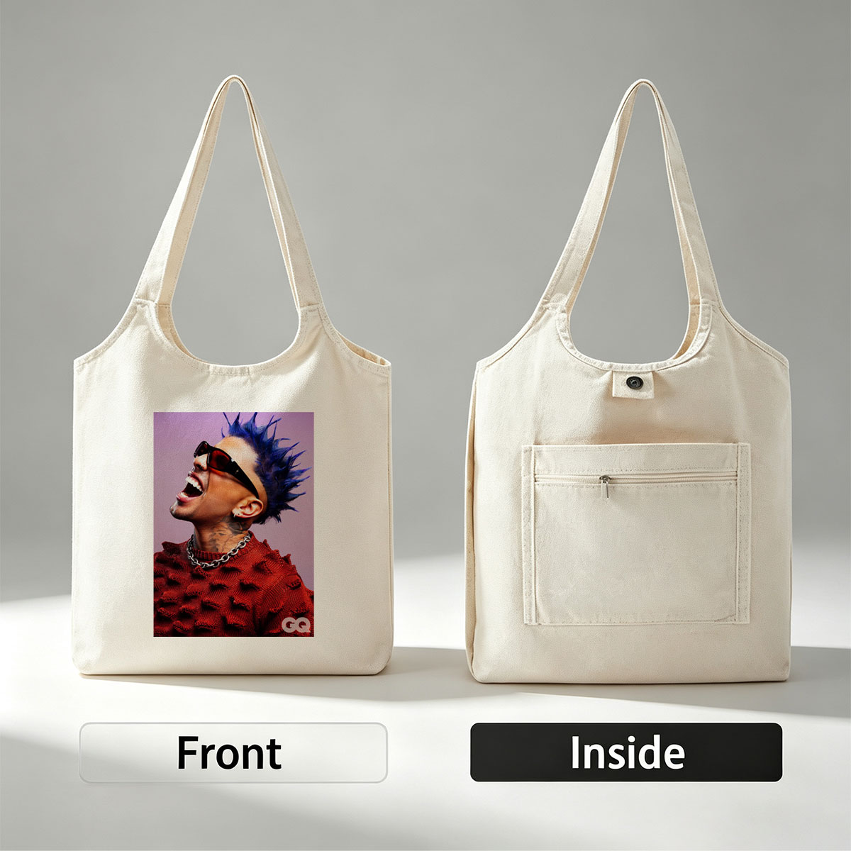 Daddy Yankee in a Bold Red Sweater with Spiky Blue Hair and Sunglasses, Laughing Loudly Against a Purple Background - Canvas shoulder bags/