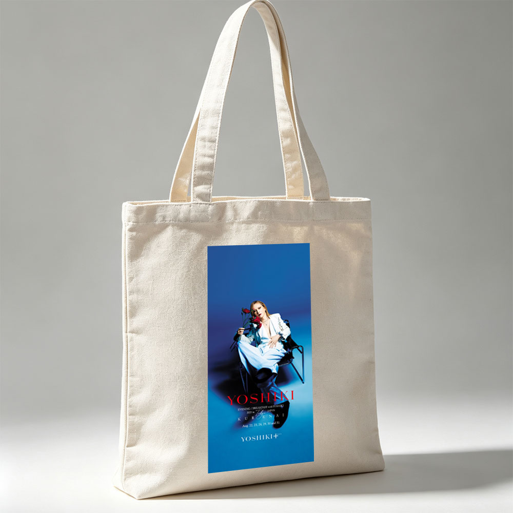 YOSHIKI Evening Breakfast with YOSHIKI 2025 in Tokyo Japan KURENAI Poster Featuring YOSHIKI Seated on Chair Holding Red Roses Against Blue Background - Canvas tote bags