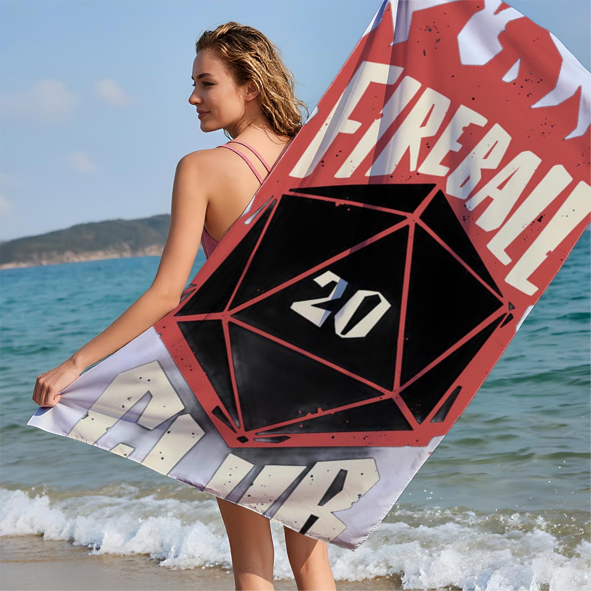 Fireball Club: D20 Dice with Fiery Design - Beach towels
