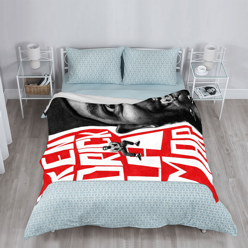 Ken Duck La Mar - Bold Red Text and Black-and-White Portrait with Miniature Figures on Face and Lettering - Blankets