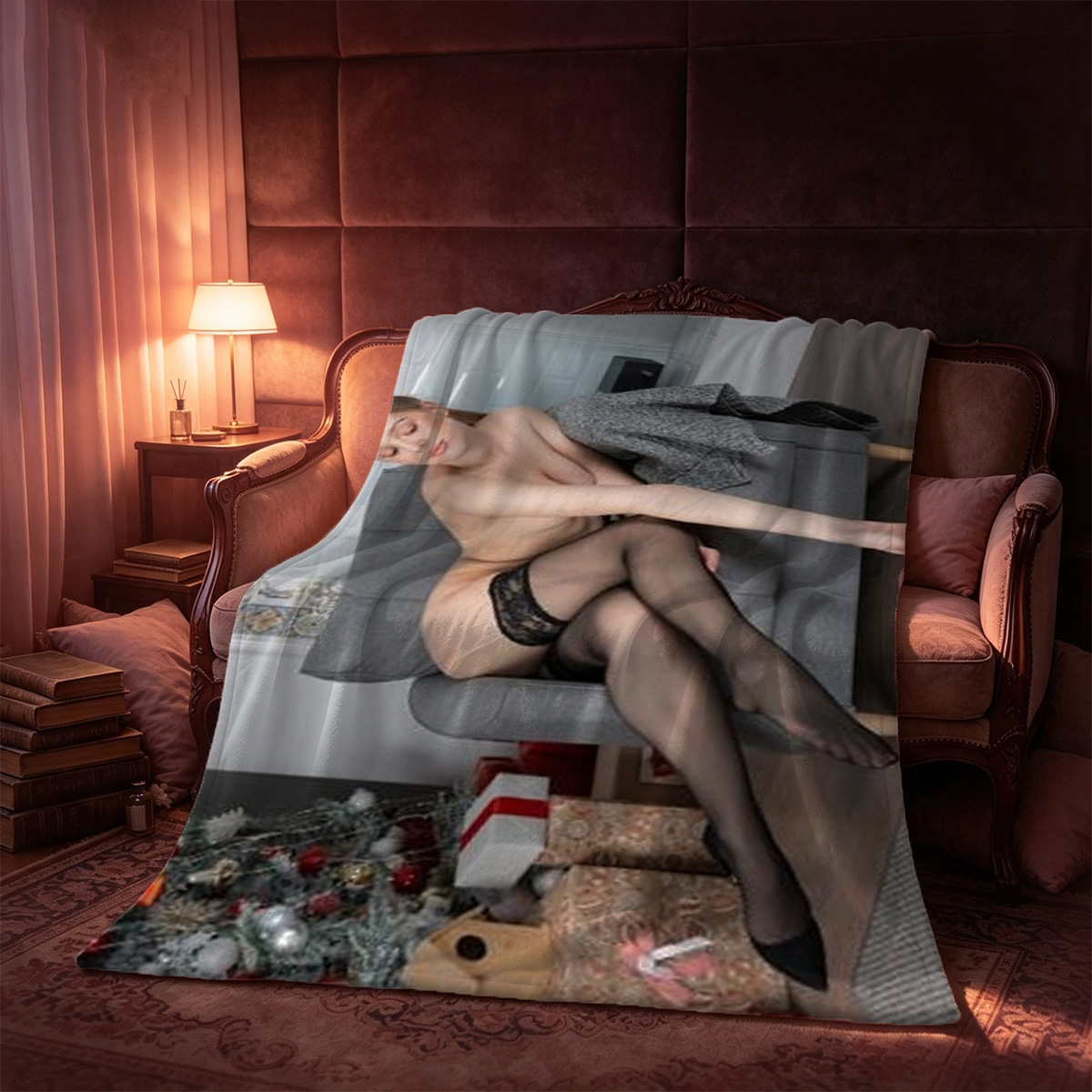Two Asian women in black leather lingerie and stockings posing on bed with chain leash. - Blanket