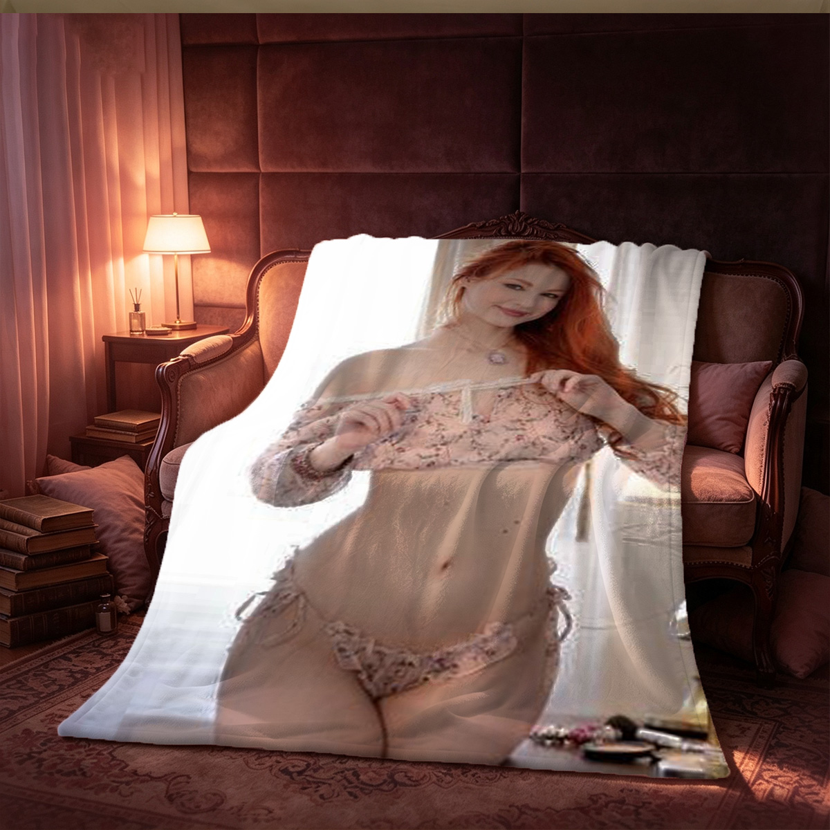 Nude Chinese model sitting on bathtub edge holding Labubu doll in luxury bathroom - Blanket
