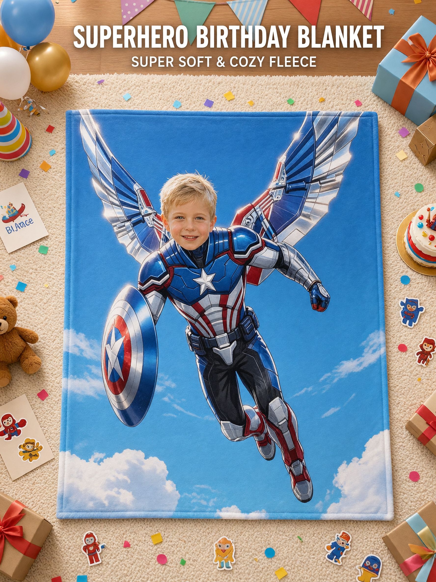 Custom Face Superhero Blanket Personalized Photo Fleece Throw Skin-Friendly Soft Flannel Cozy Gift for Kids and Family
