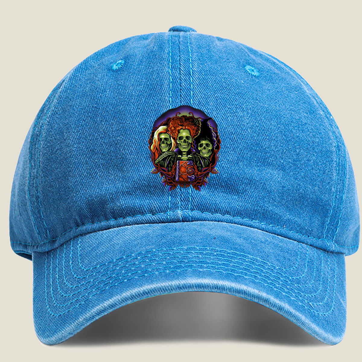 Three Skulls with Vibrant Hair and Ornate Design - Washed Denim - Baseball Cap