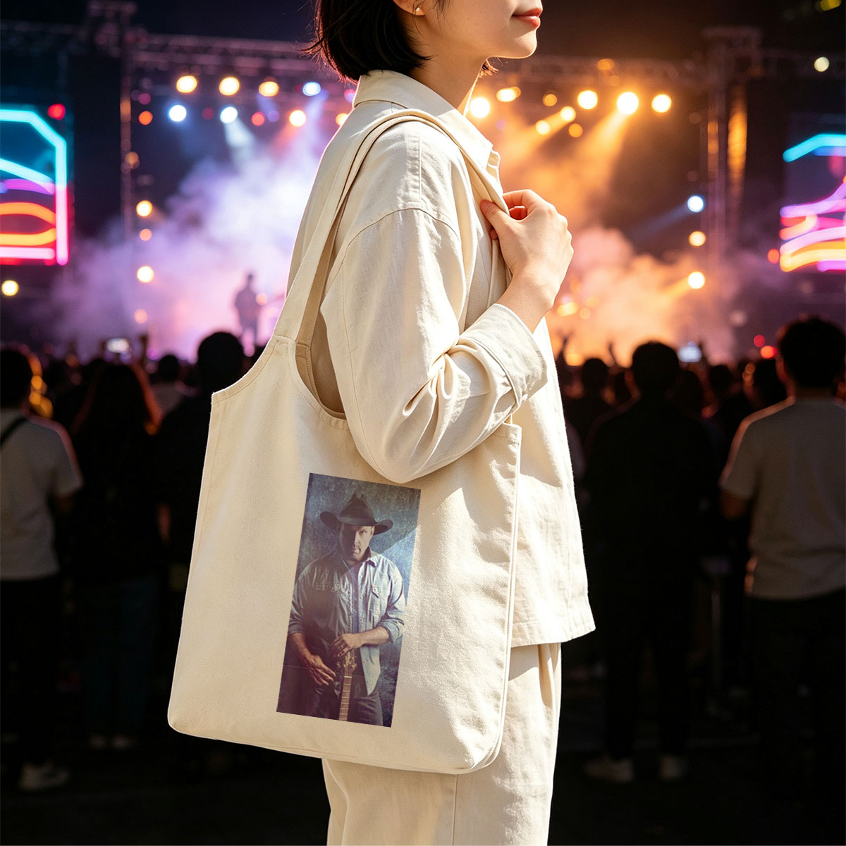 Garth Brook in Cowboy Hat Holding Guitar Against Textured Background - Canvas shoulder bags/