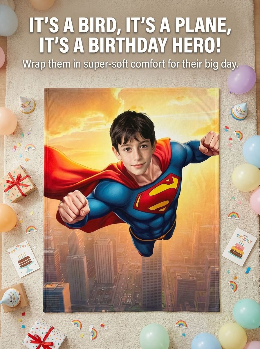 Custom Superhero Photo Face Fleece Blanket Personalized Soft Flannel Throw for Kids Adults Cozy Home Birthday Gift