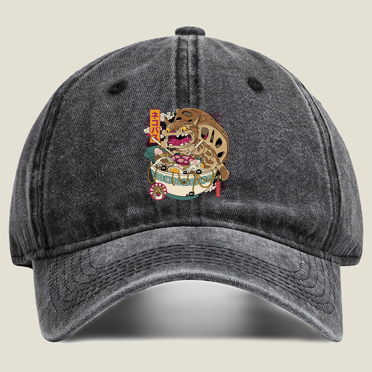 Neko Basu Ramen Cat Art - Washed Denim - Baseball Cap