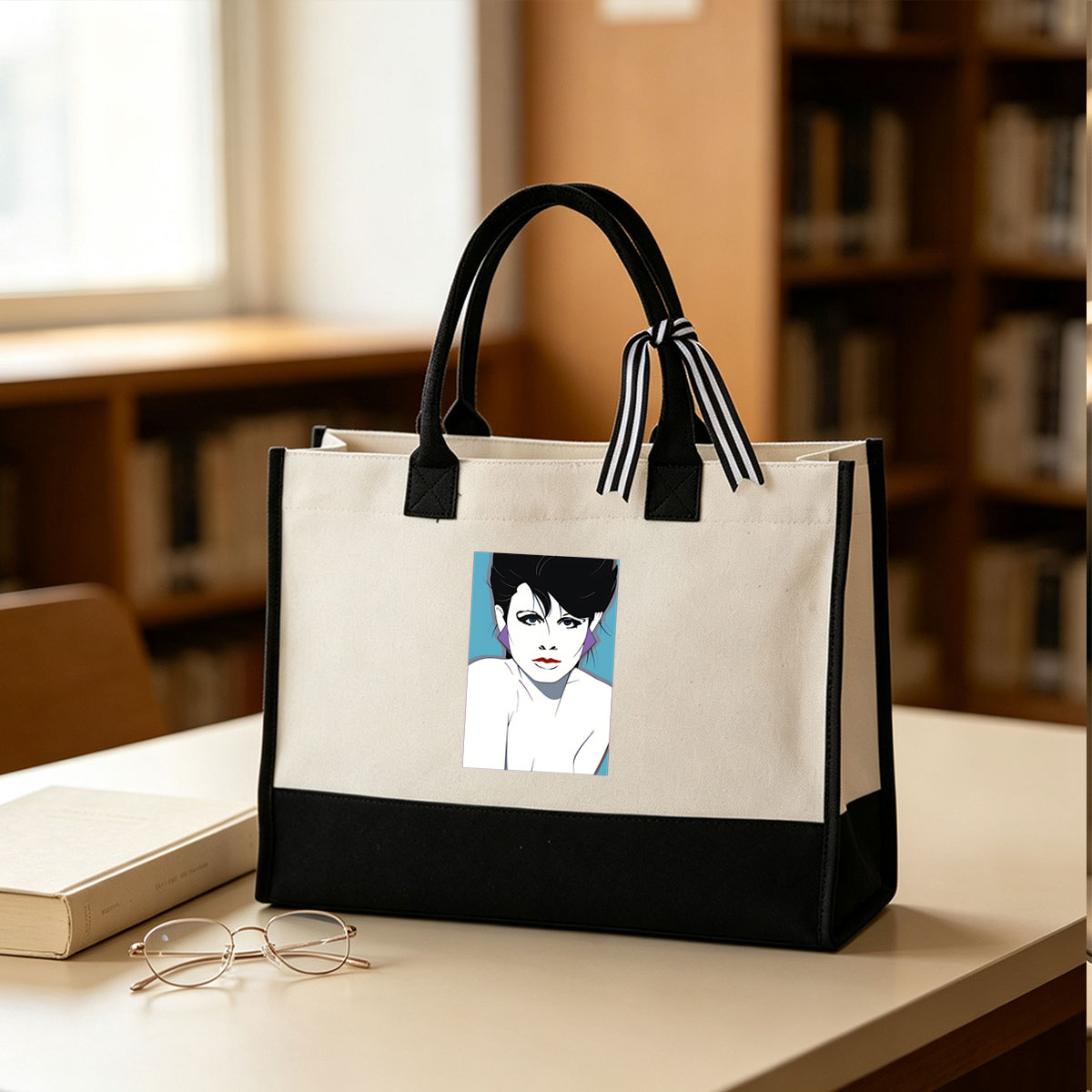 Stylized Portrait of a Woman with Bold Makeup and Purple Earrings - Canvas patchwork gift tote bag