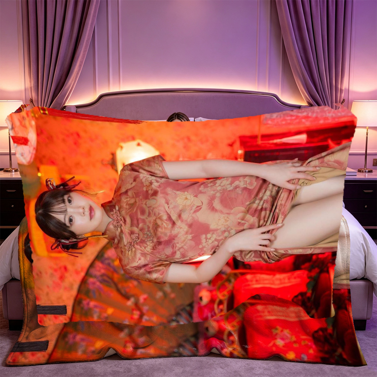 Aimi Yoshikawa in red sheer lingerie by the window. - Blanket