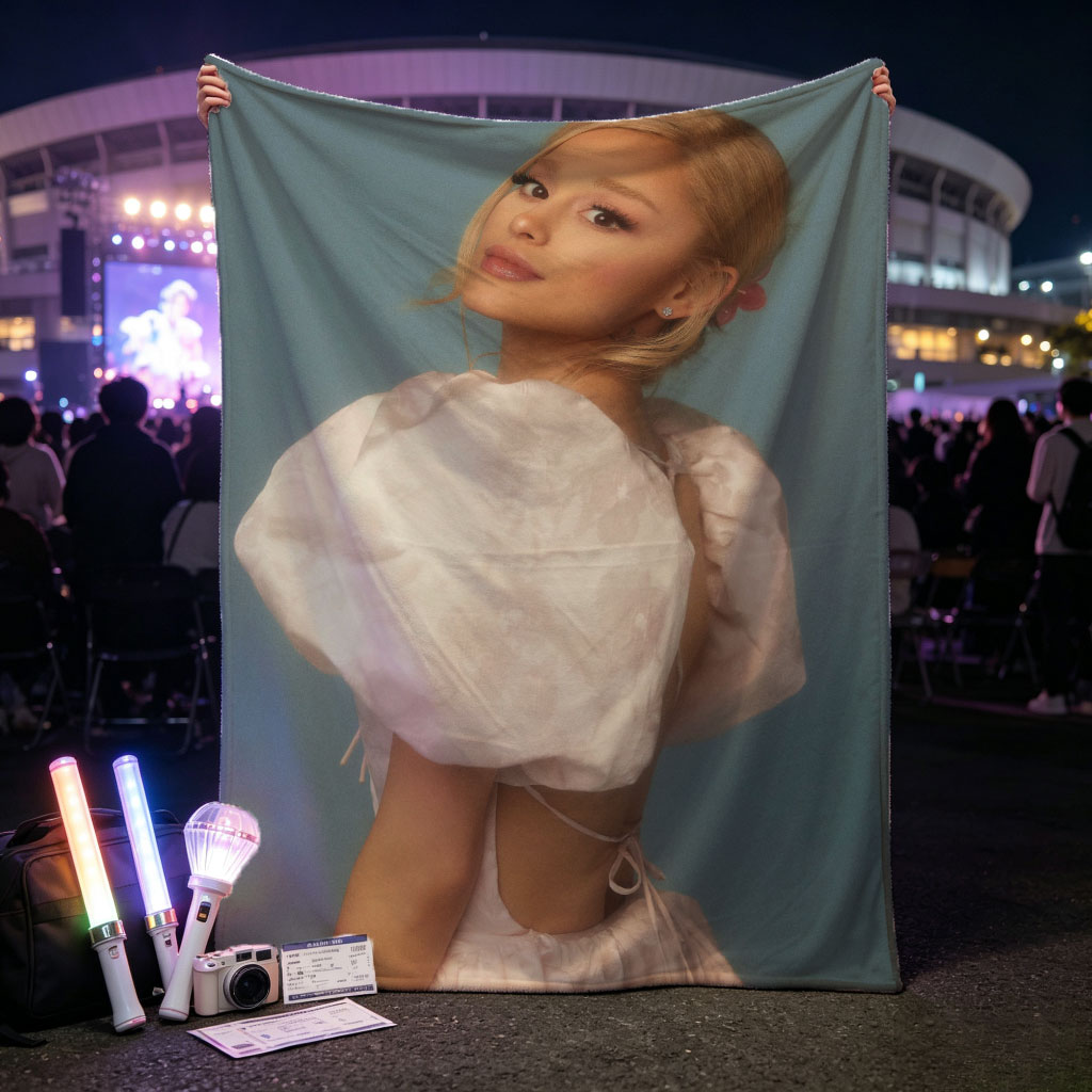 Ariana Grande in a Soft Pink Dress with Puffy Sleeves and Back Cutout Pose Against Blue Background - Blankets