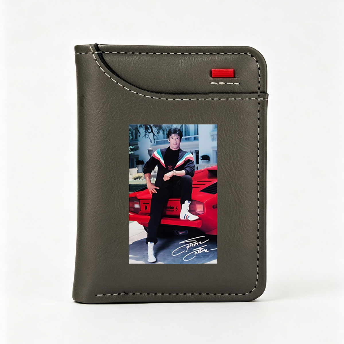 Sylvester Stallone in 80s Fashion, Sitting on a Red Car - Vertical Style Wallet