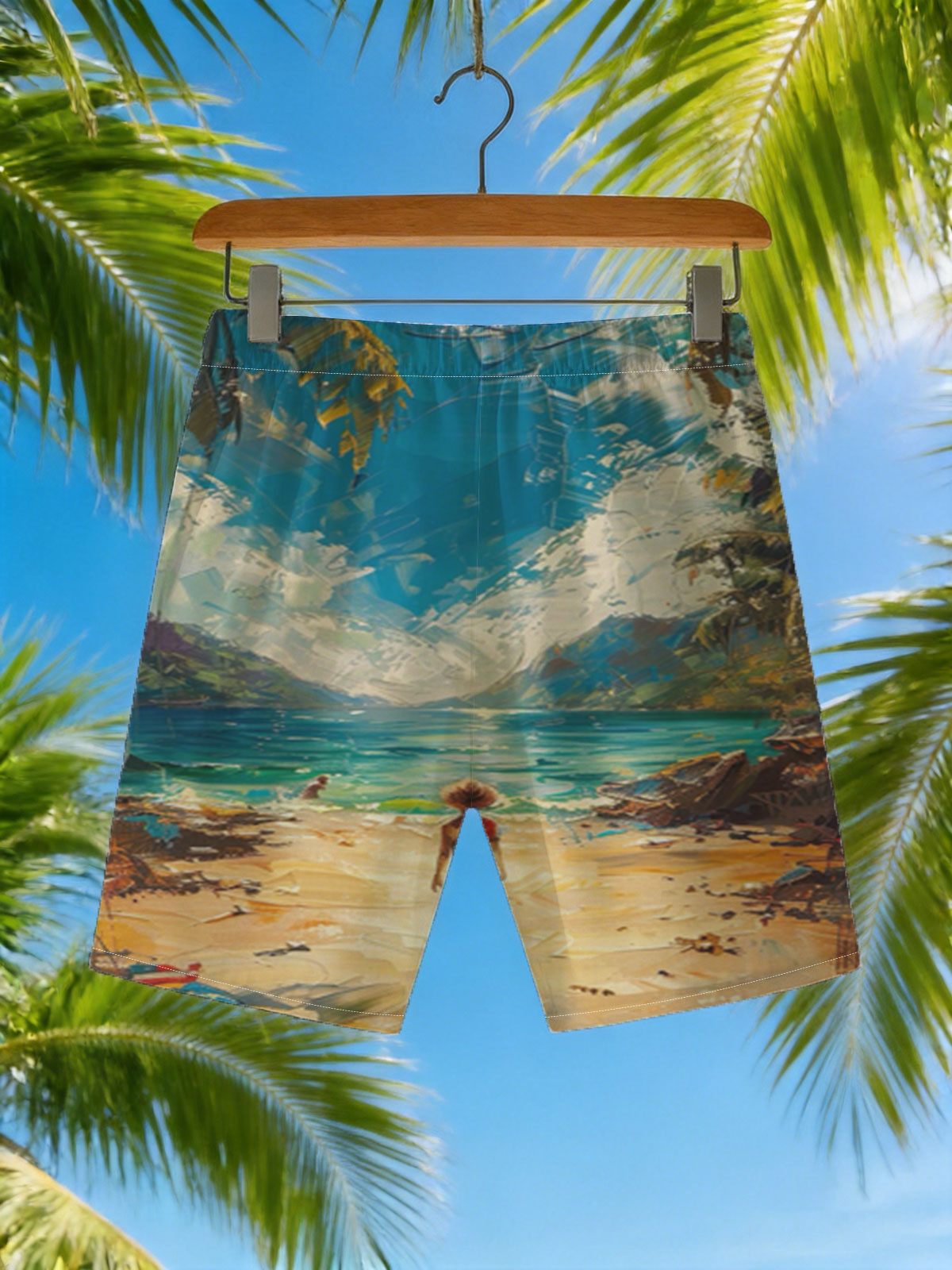 A woman walks on a tropical beach, framed by palm trees and turquoise waters under a vibrant sky. -  Beach shorts