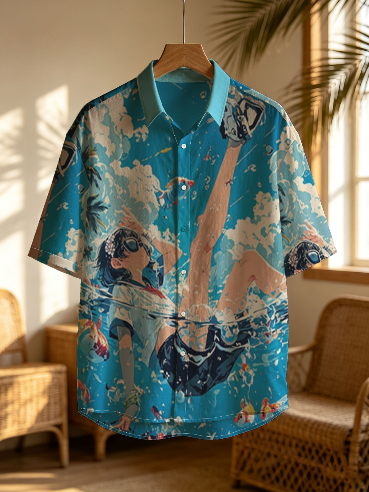 Girl floating in water with koi fish and palm trees under blue sky -  Shirt