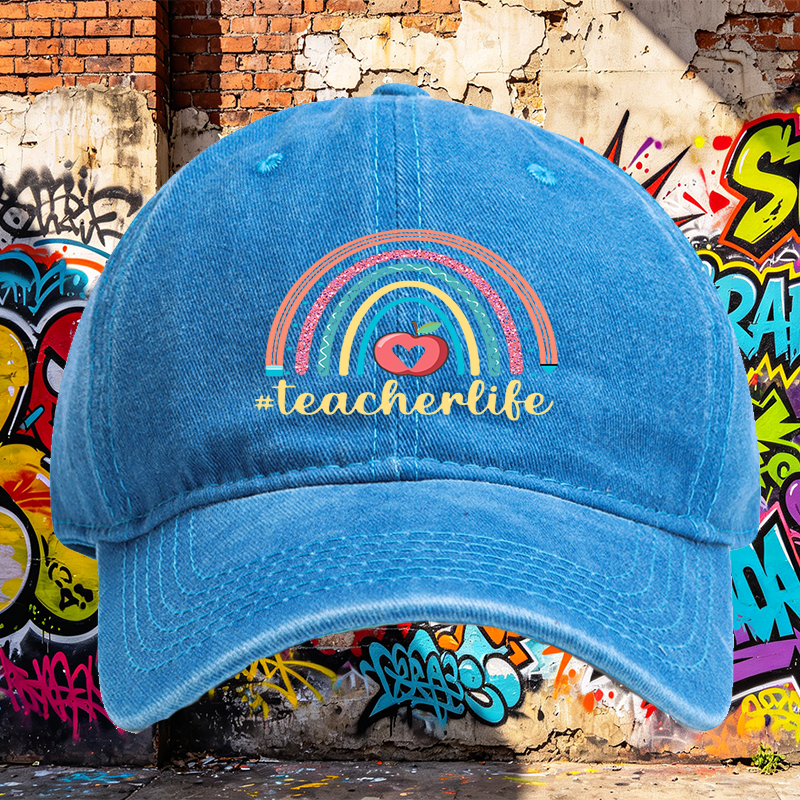 Unisex Classic Washed Hat with Rainbow Apple Print and #teacherlife Text – Perfect for Teachers, Educators, and School Events – Ideal Gift for Teaching Professionals
