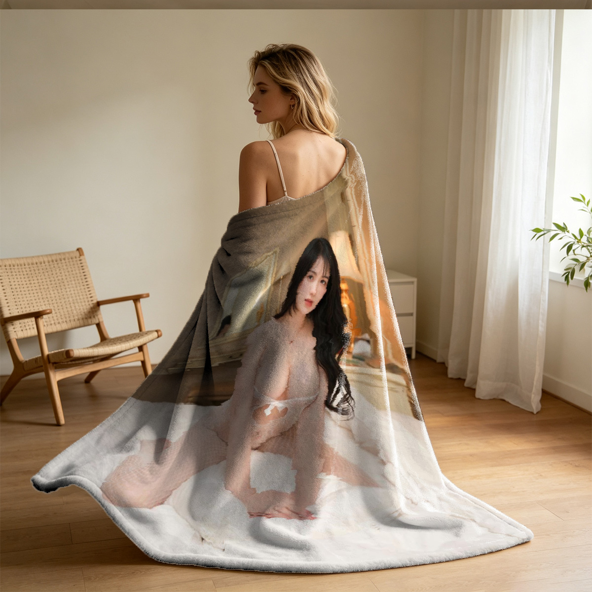 Two Women Kissing in Intimate Embrace, One Nude and One in White Lace Dress - Blanket