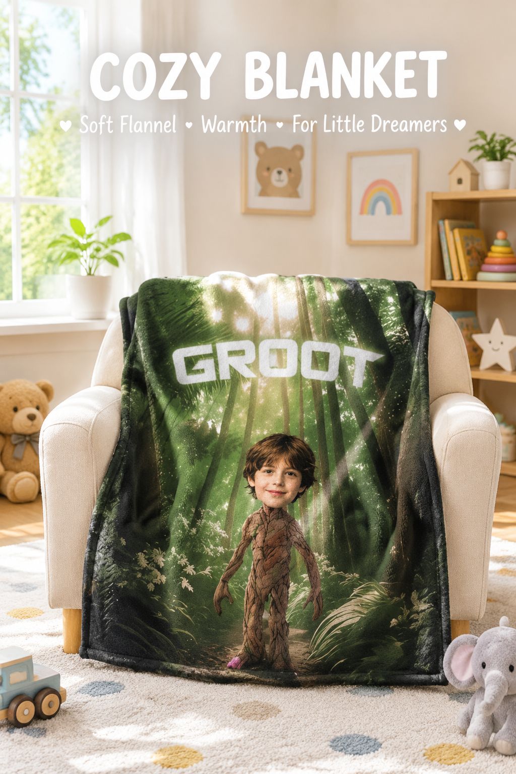 Personalized Photo Face Flannel Blanket Custom Forest Superhero Character Throw Soft Anti Pilling Bed Sofa Fleece Gift