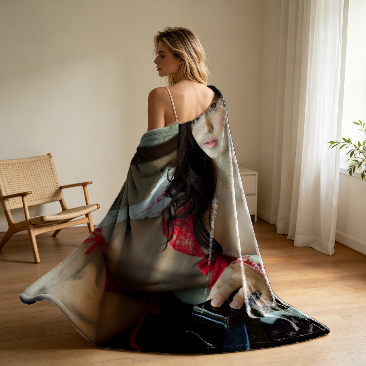 A woman in a sheer grey monokini with a back tattoo, posing by the window. - Blanket