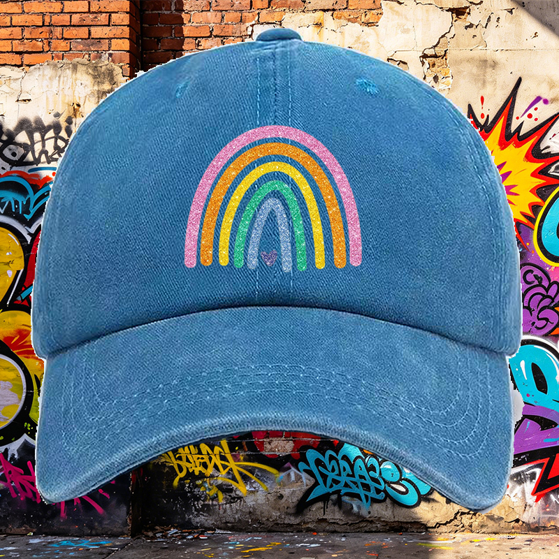 Men's Printed Washed Cap with Glitter Rainbow Heart Design - Casual Round Brim Summer Lightweight Cotton Hat for Outdoor Activities, Beach, Travel - Ideal for Young Adults and Trendy Men