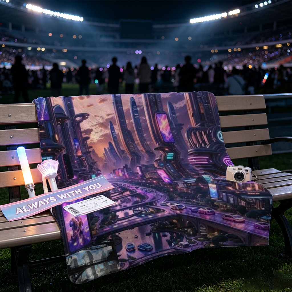 Taylor Swift in Futuristic Cityscape - Neon-Lit Metropolis with Hovering Cars and Giant Moon in the Sky - Blankets
