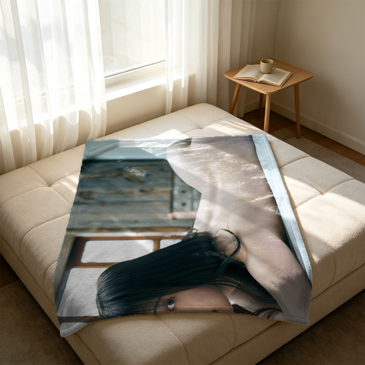 Two Women in Black Lingerie and Red Stockings Embracing on a Vintage Chair. - Blanket