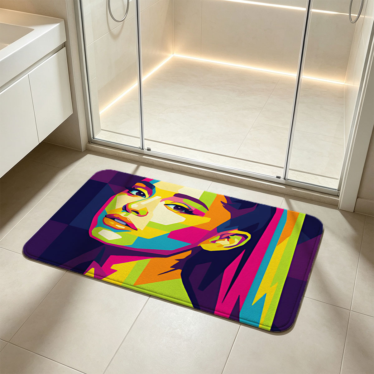 Colorful Pop Art Portrait of a Woman with Vibrant Hair and Geometric Patterns - Flannel floor mat