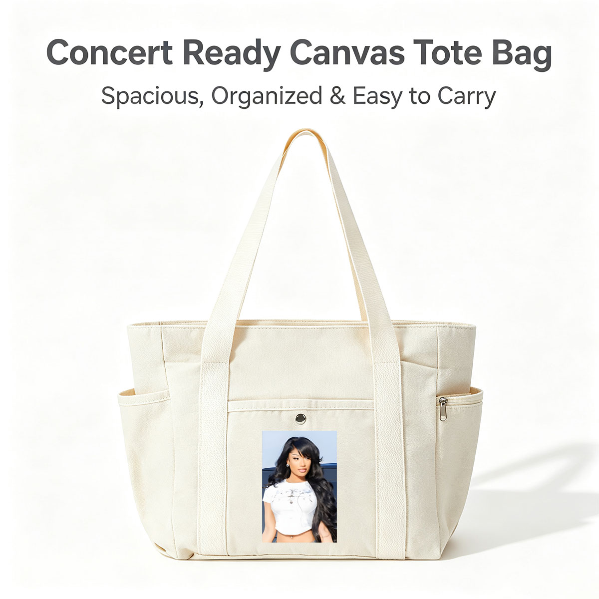 Nicki Minaj in a Stylish White Crop Top with Long Black Hair and Bold Makeup - Multi-pocket bags