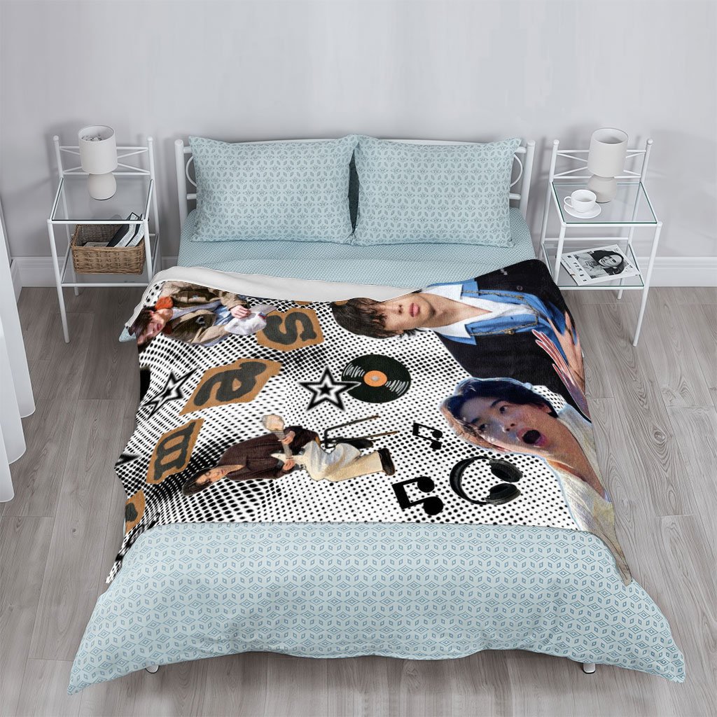 Imase Band Members in Music-Themed Collage with Guitar, Piano Keys, and Vinyl Records - Blankets