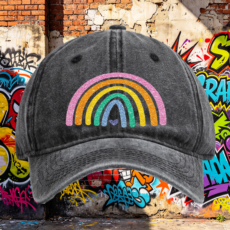 Unisex Classic Washed Cap with Glitter Rainbow Print and Heart Detail – Perfect for Casual Outings, Festivals, and Everyday Wear – Ideal for Youth and Adults Seeking Fun, Colorful Headwear