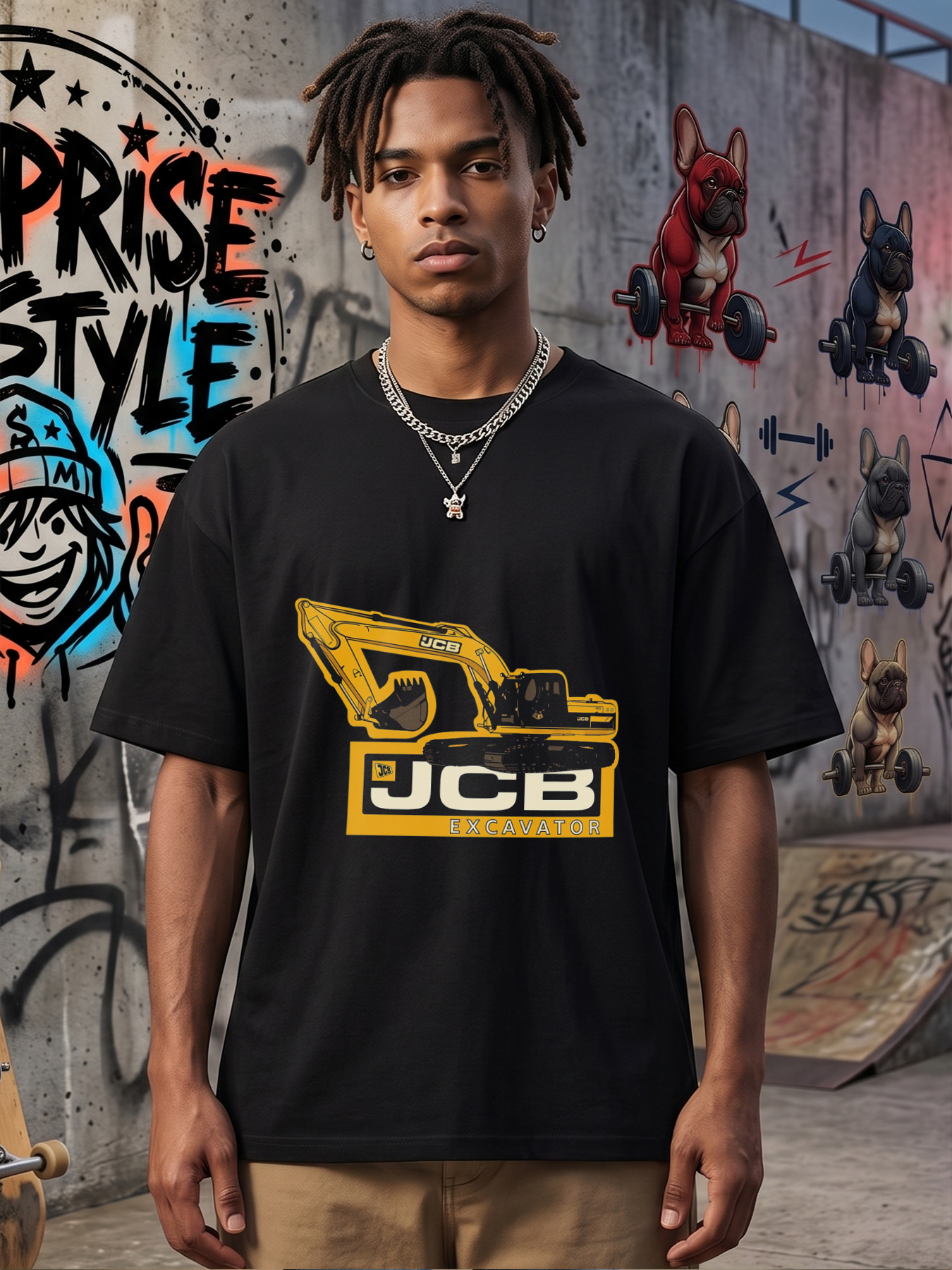 Men's JCB Excavator Print T-Shirt with Bold Construction Equipment Graphic and Logo - Casual Round Neck Lightweight Breathable Summer Short Sleeve Tee for Outdoor Work, Construction Fans, and Heavy Machinery Enthusiasts