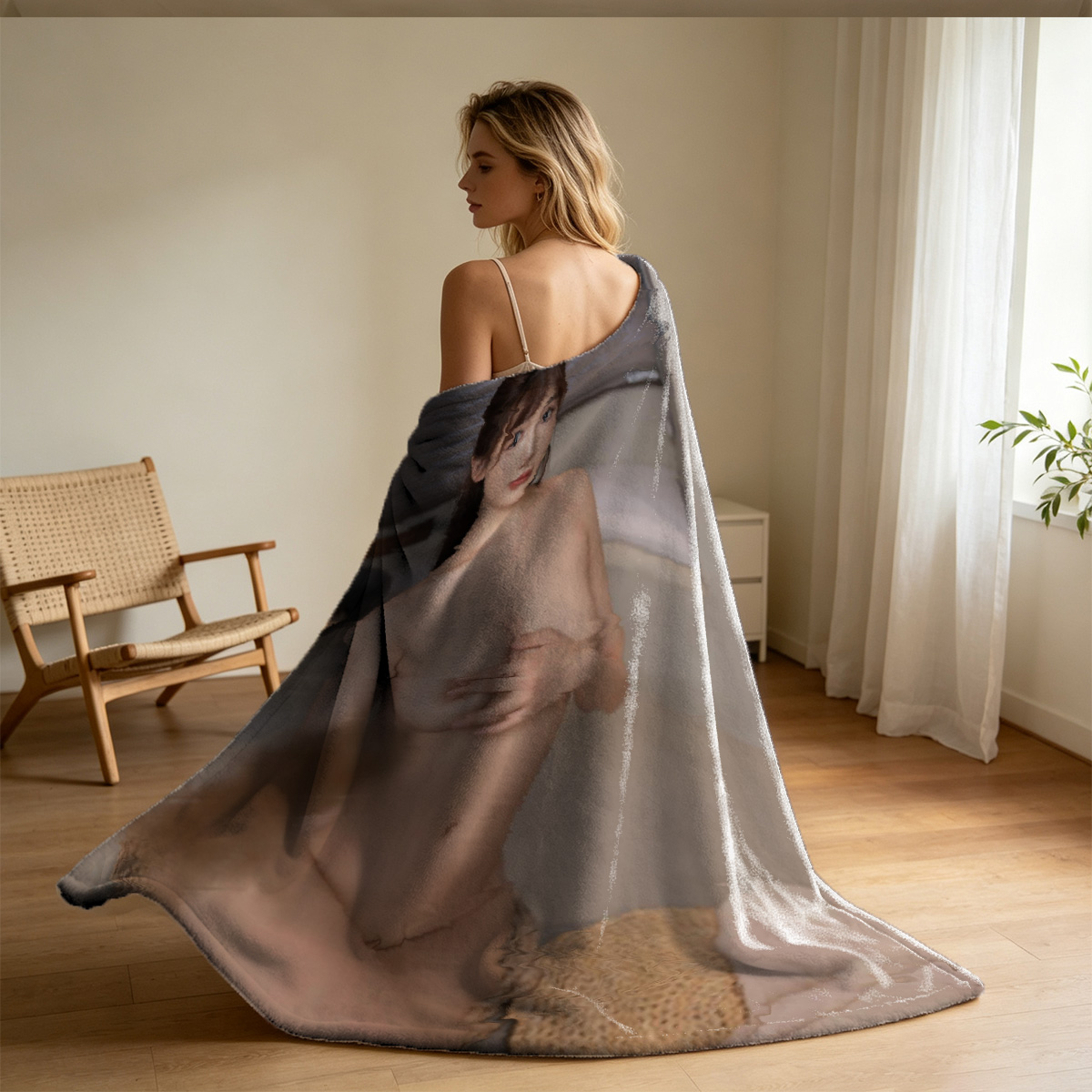 Two Lesbians in Lingerie Embracing on a Chair - Blanket