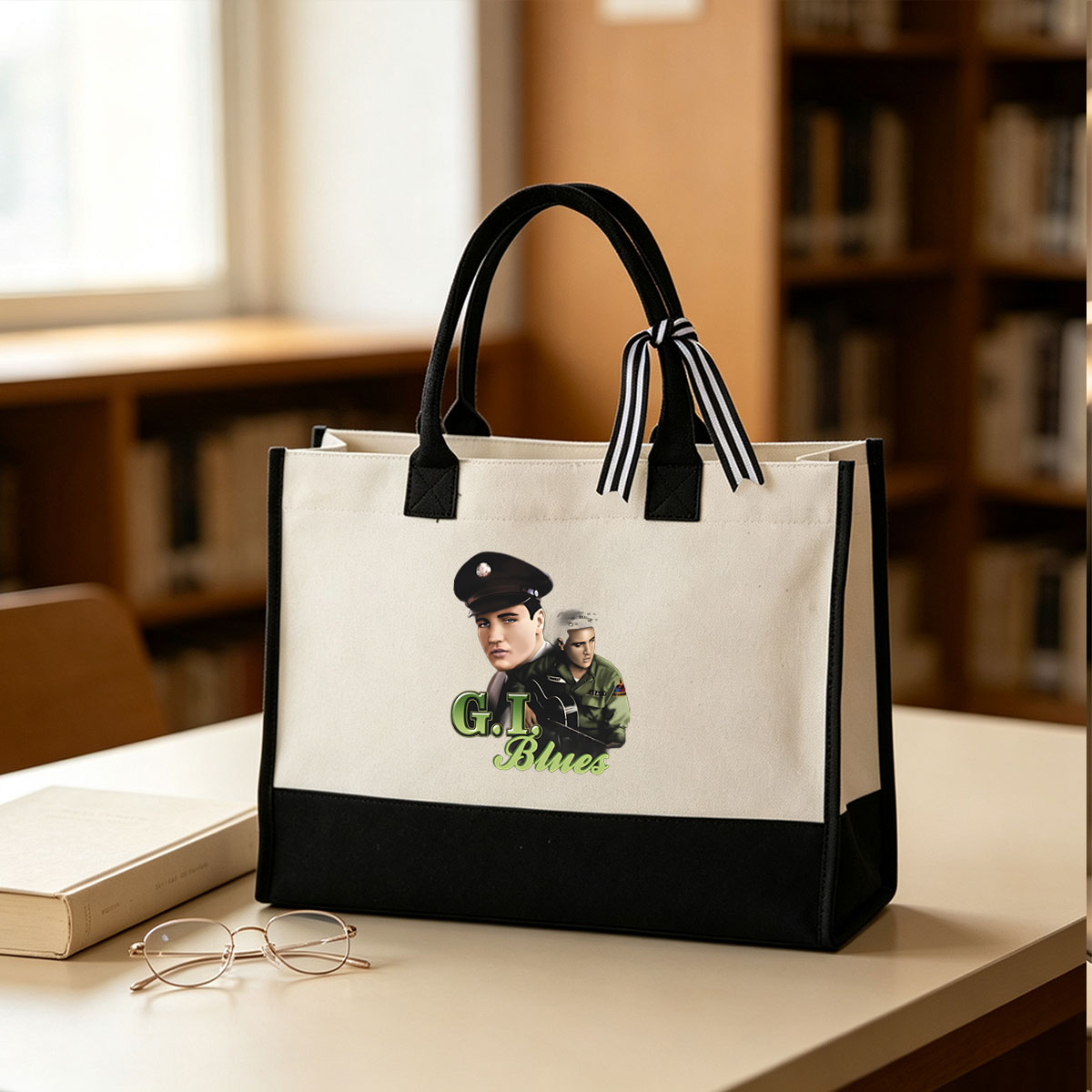Elvis Presley in G.I. Blues: Military Uniform and Guitar Performance - Canvas patchwork gift tote bag