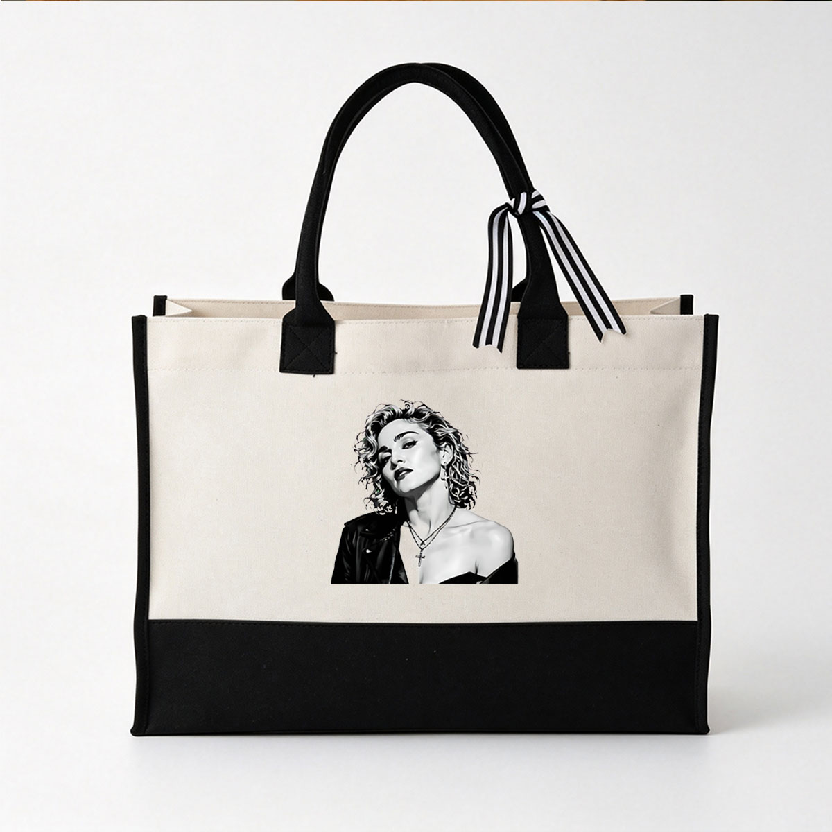 Madonna in Black Leather with Cross Necklace and Earrings - Canvas patchwork gift tote bag
