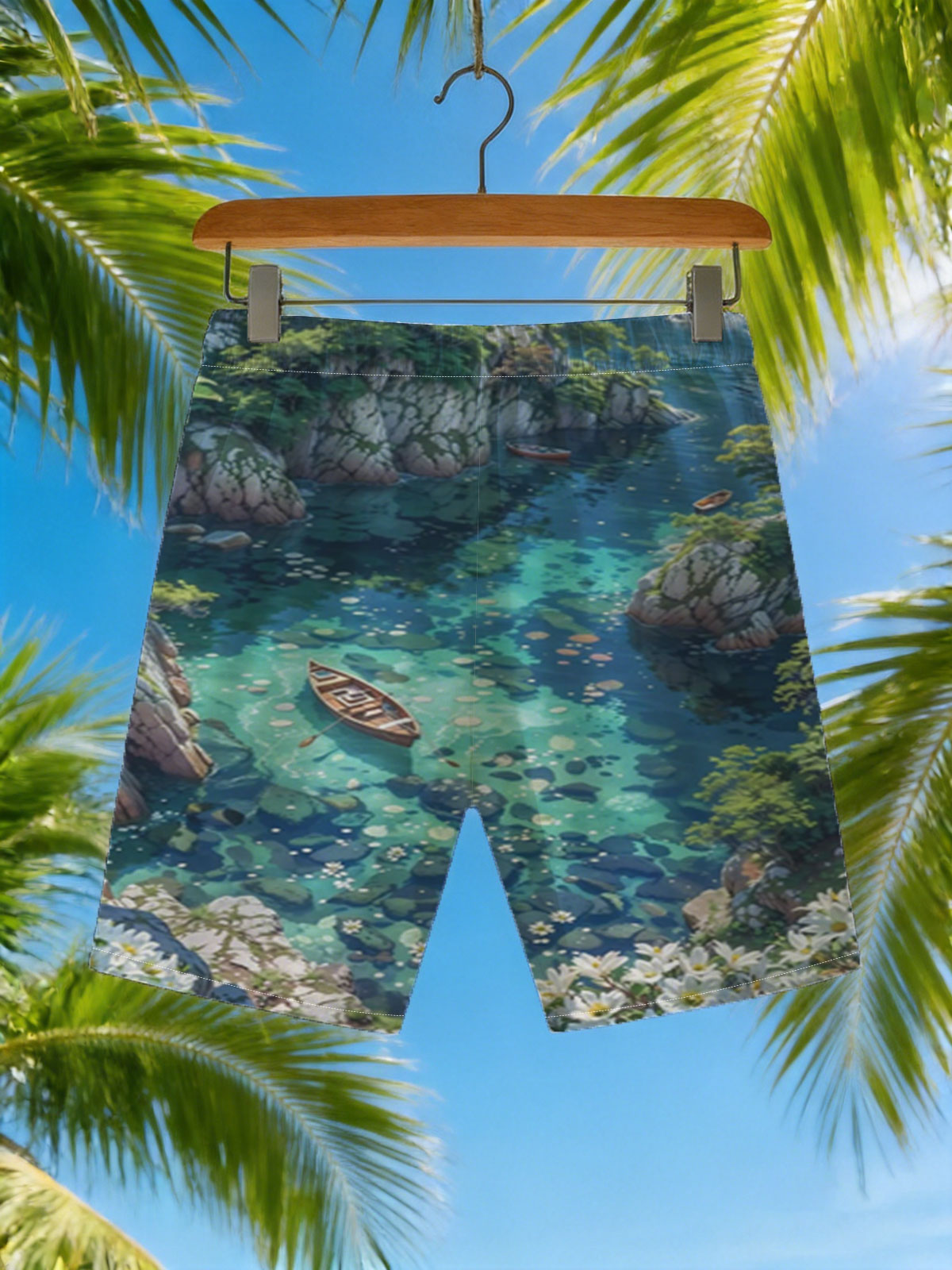 A serene boat floats on crystal-clear waters surrounded by rocky cliffs and blooming flowers. -  Beach shorts