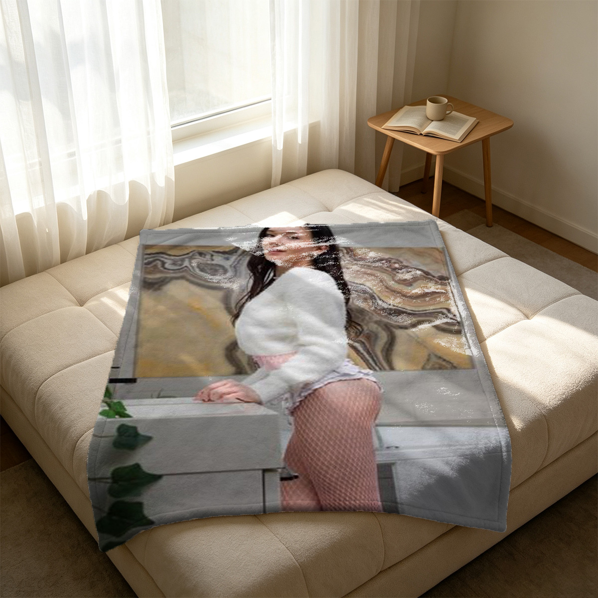Ahegao Beauty in Grey Lingerie Kneeling on Bed with Pasties and Paddle. - Blanket