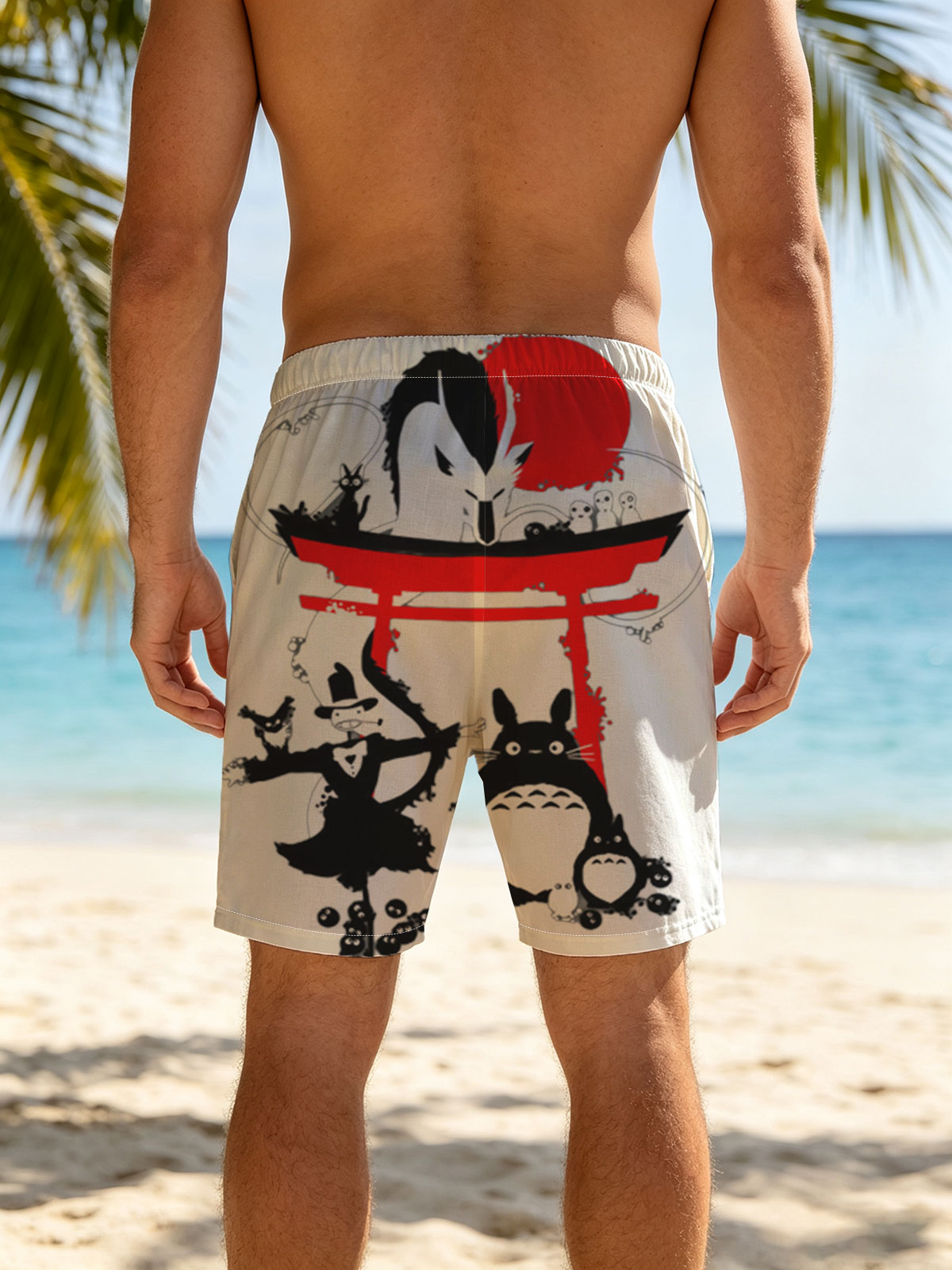 Totoro, No-Face, and Spirited Away Characters in a Japanese Shrine Scene -  Beach shorts