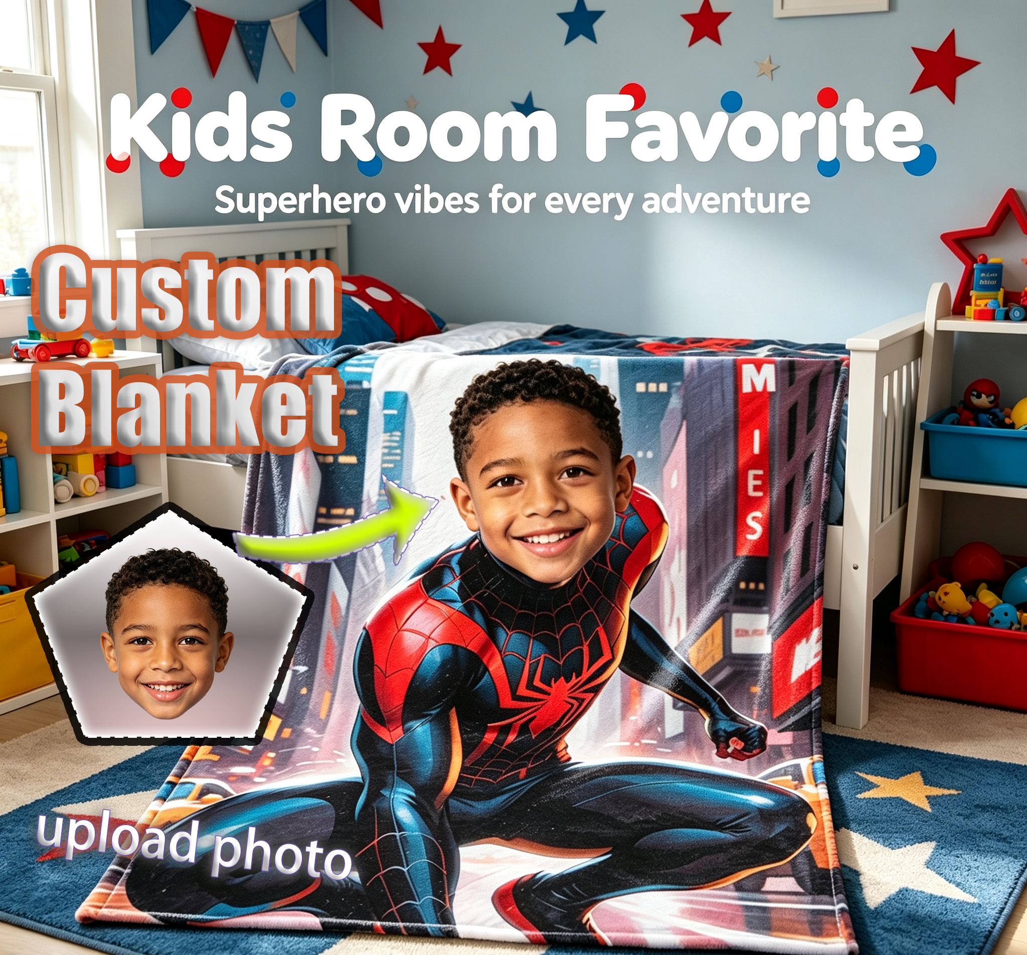 Personalized Marvel Miles Morales Fleece Blanket, Custom Upload Children Picture City Street Throw Blanket Bed Sofa Gift