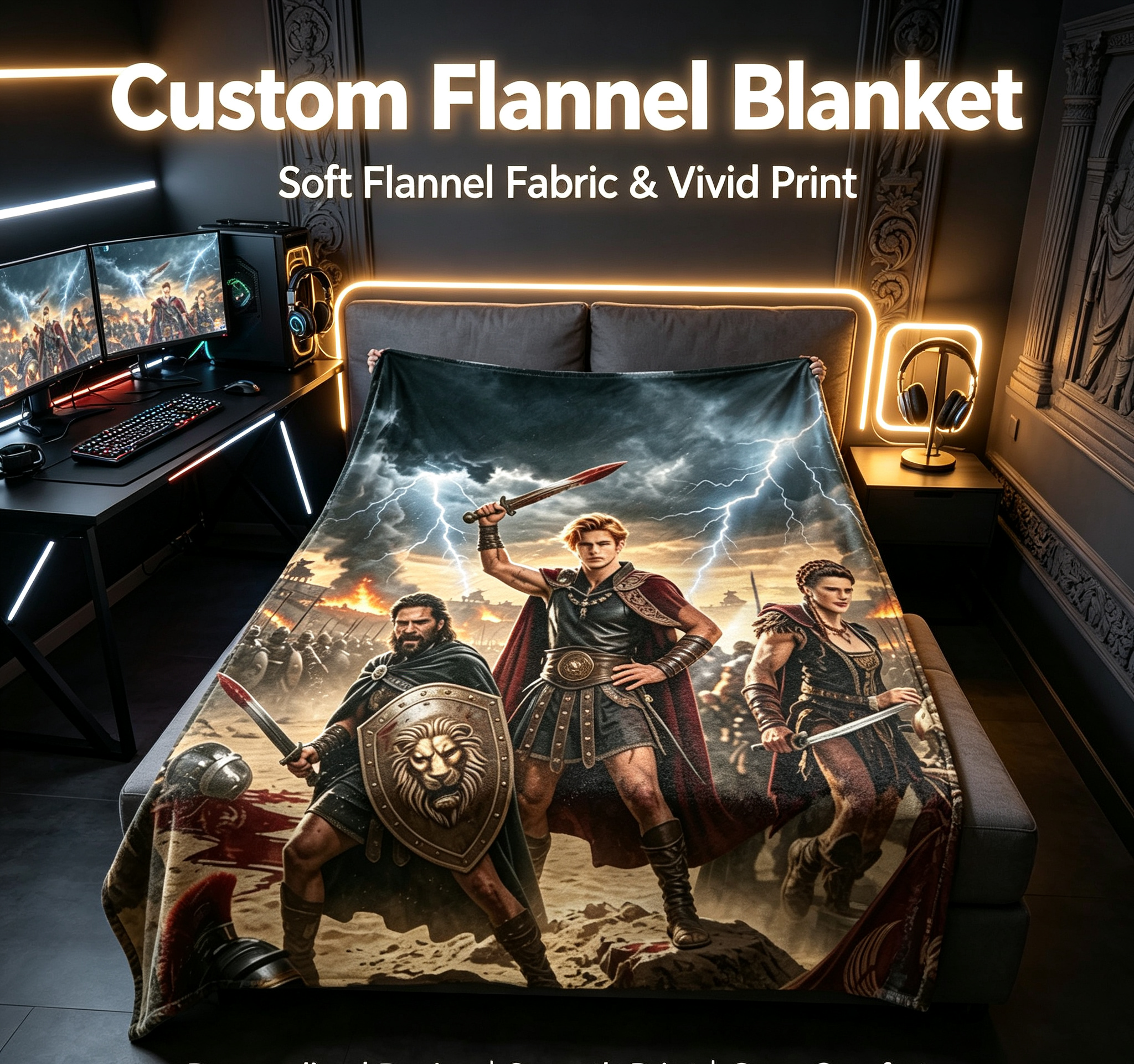 Custom Face Blanket Ancient Warrior Epic Battle Scene Flannel Blanket Perfect for Couch Cozy Nights and Birthday Gift Ideas