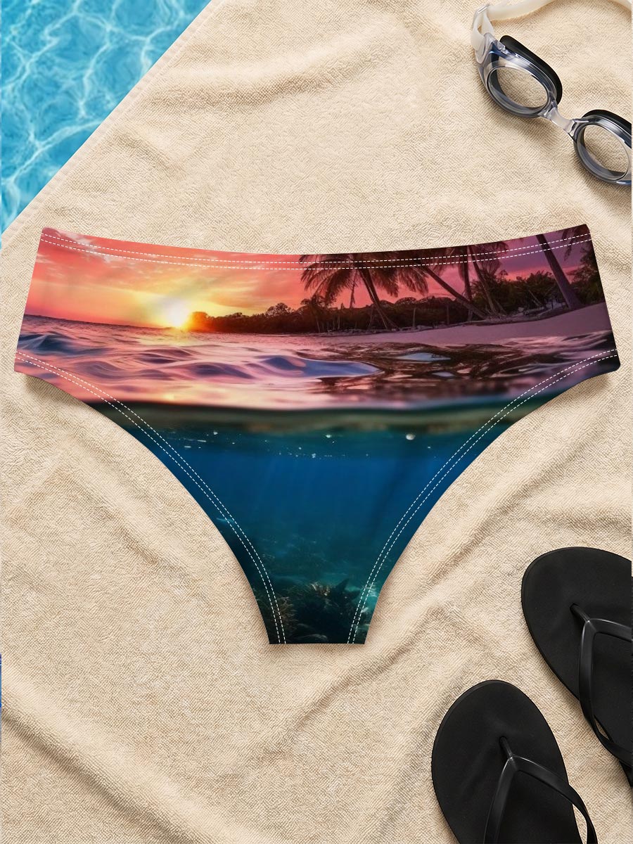 Sunset over tropical beach with underwater coral reef -  Men's swim trunks