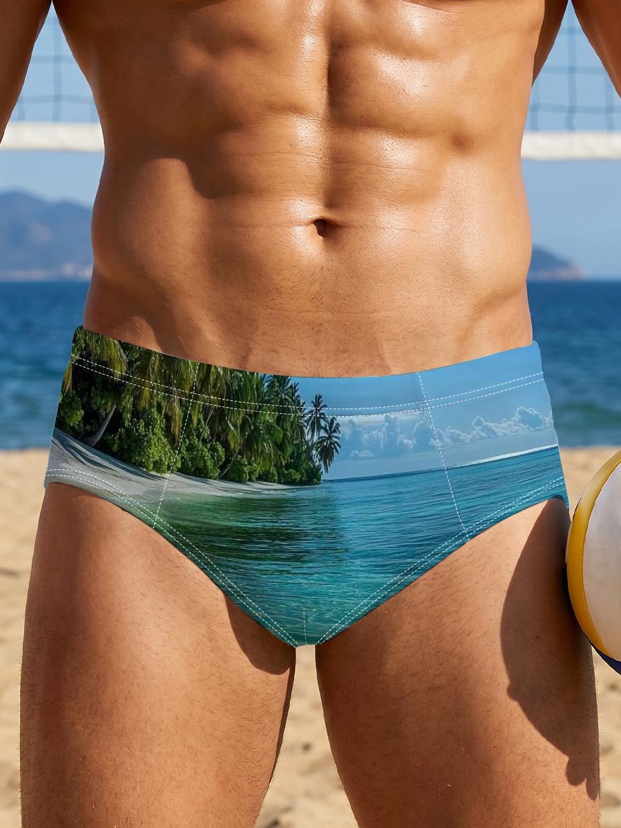 Crystal-clear turquoise waters meet a pristine white sand beach lined with lush palm trees under a bright blue sky. -  Men's swim trunks