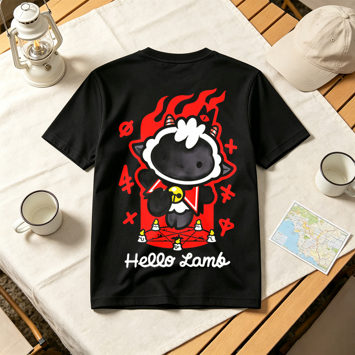 Hello Lamb: Dark Sheep with Flames and Ritual Symbols - Tee