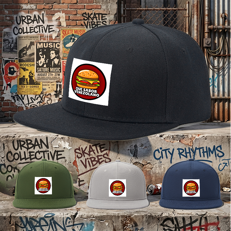 Flat Brim Baseball Cap Que Sabor Venezolano Burger Print Streetwear Underground Skate Style for Basketball Court Skate Park Urban Lifestyle Skaters Rappers Streetwear Enthusiasts