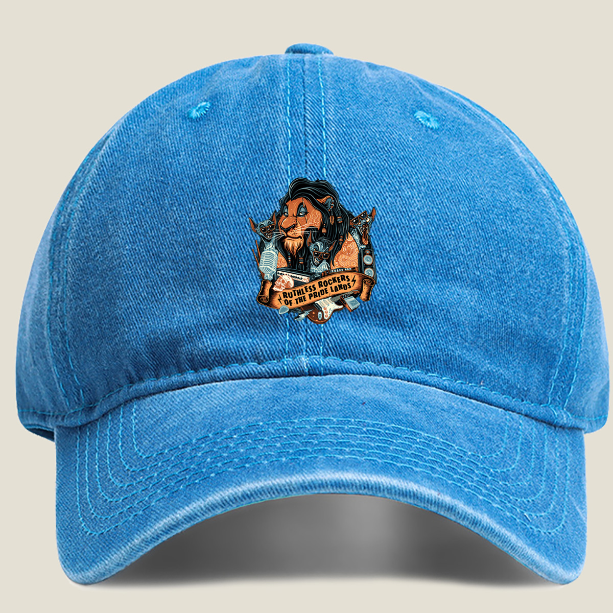 Ruthless Rockers of the Pride Lands: Lion, Hyena, and Meerkat Band - Washed Denim - Baseball Cap