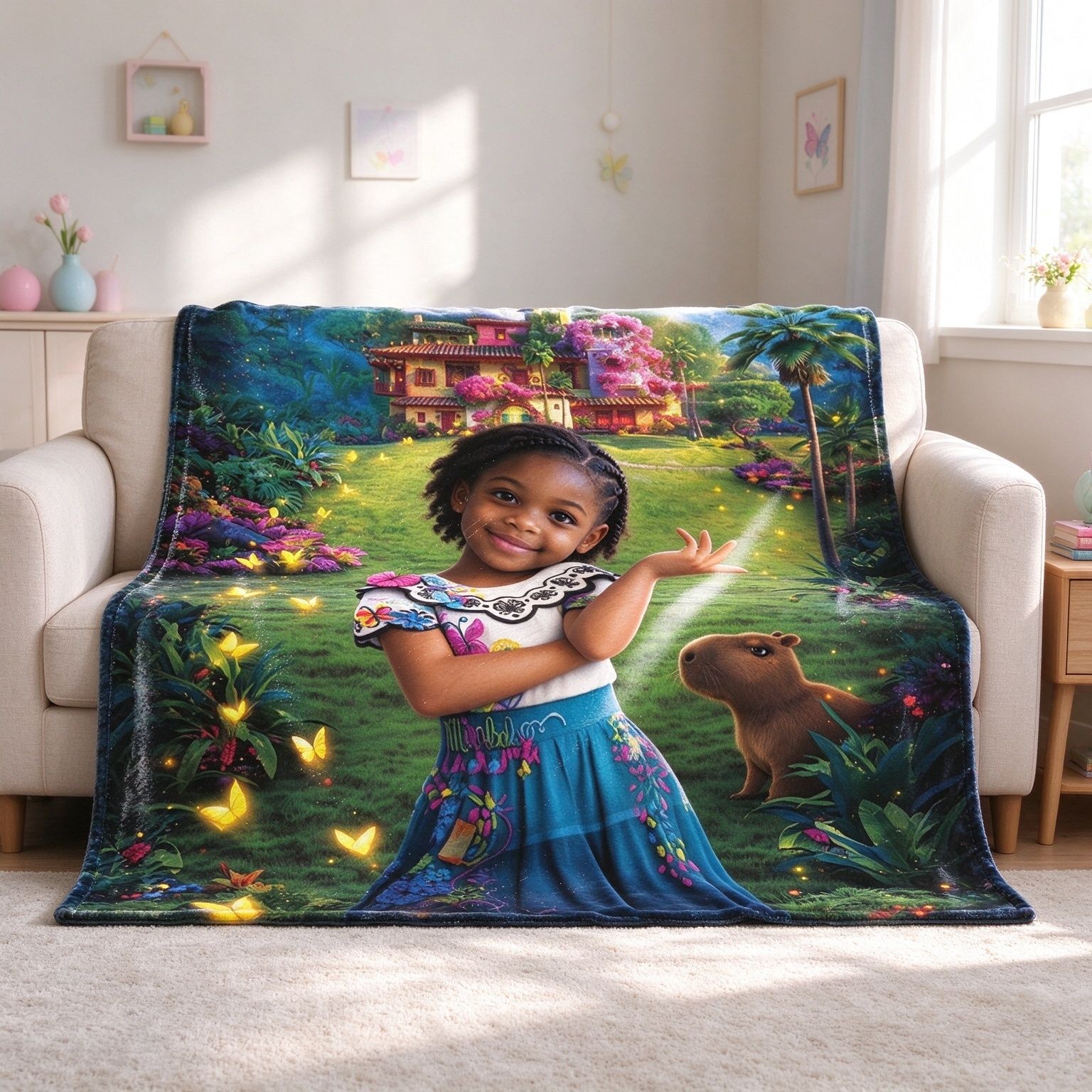 Custom Face Photo Blanket Personalized Flannel Throw, Soft Magical Garden Fleece Blanket for Kids Family Gift