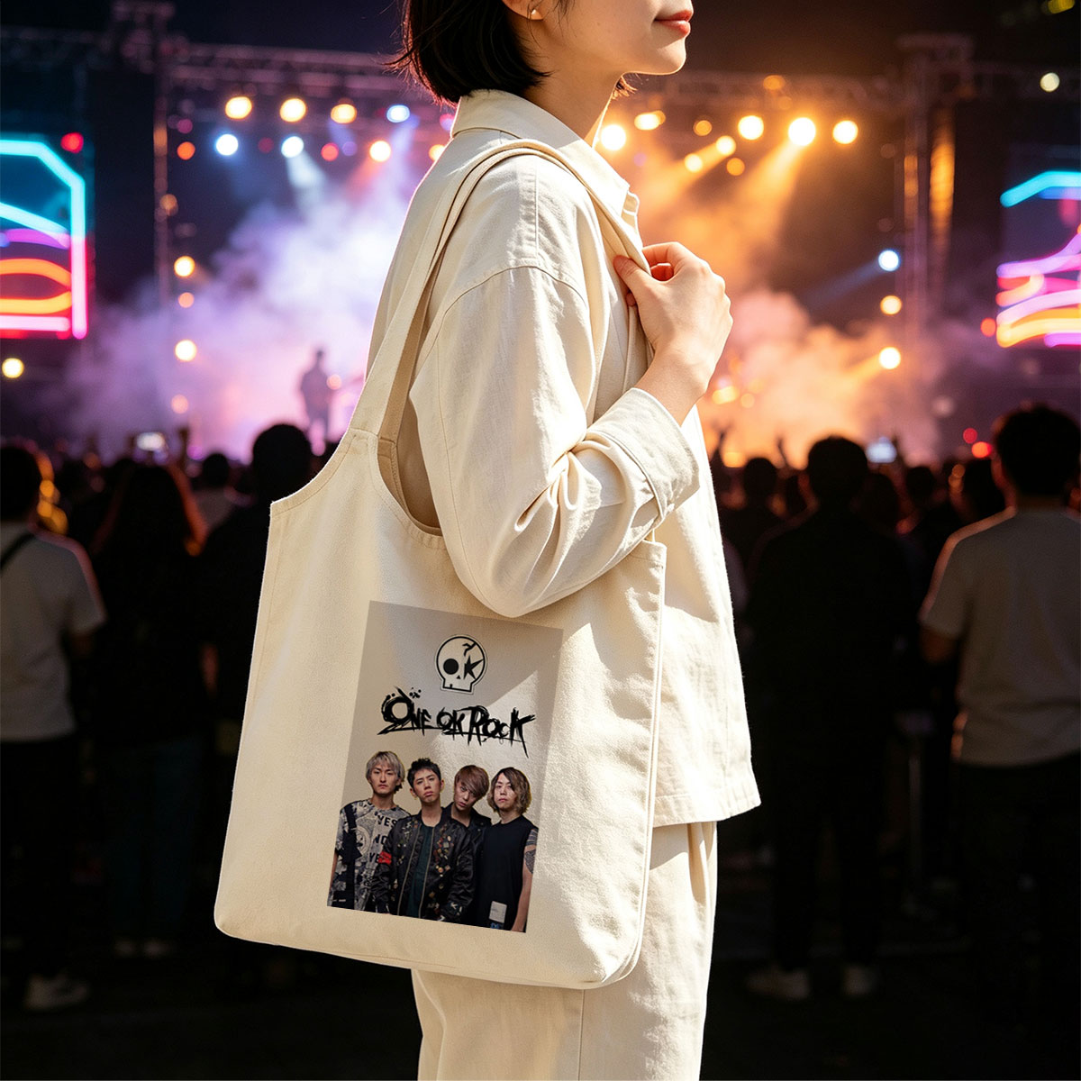 One Ok Rock Band Members Standing Together in Stylish Outfits with Logo Above - Canvas shoulder bags/