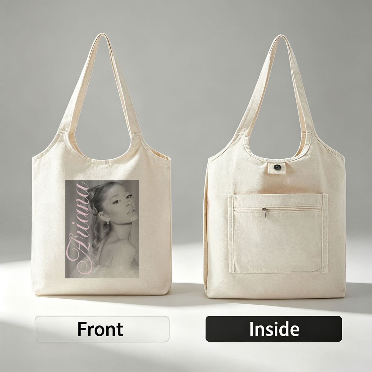Ariana Grande Elegant Black and White Portrait with Pink Text Overlay - Canvas shoulder bags/