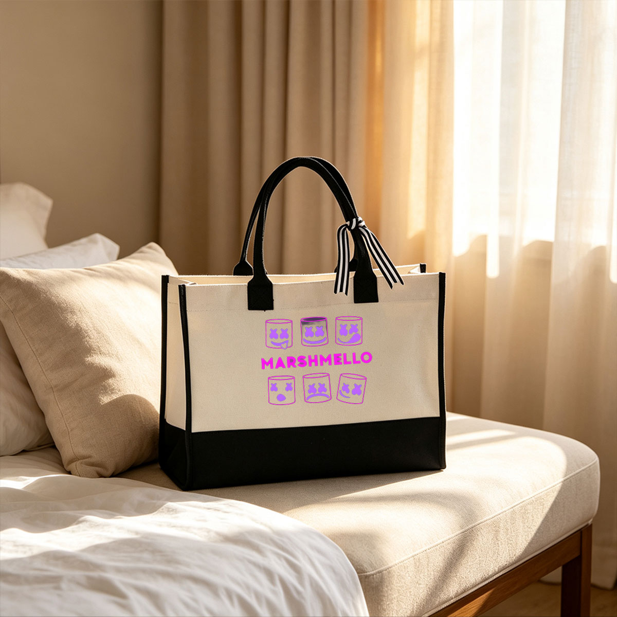 Marshmello: Iconic Helmet Faces and Logo Display - Canvas patchwork gift tote bag