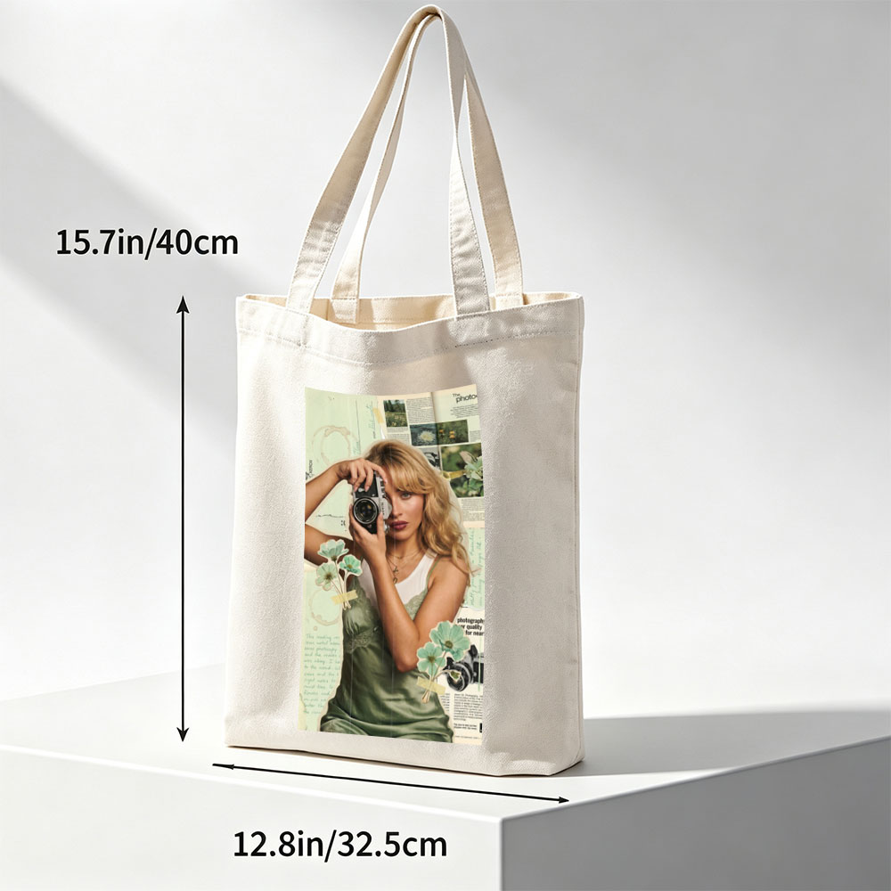 Margot Robbie Holding a Vintage Camera in a Collage-Style Portrait with Floral Elements and Photography Text Background - Canvas tote bags
